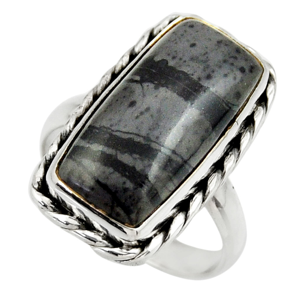 11.14cts natural black picasso jasper 925 silver solitaire ring size 9 r28433