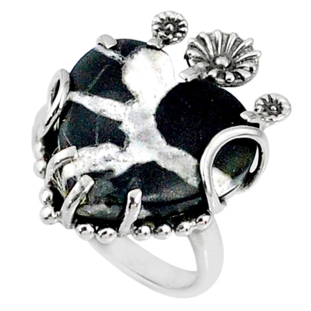 13.15cts natural black septarian gonads 925 silver heart ring size 7 r67513