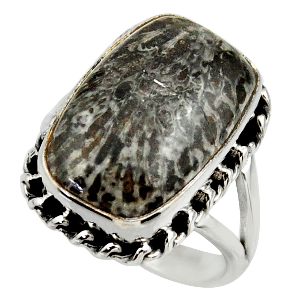 Natural black stingray coral from alaska 925 silver solitaire ring size 8 r28795