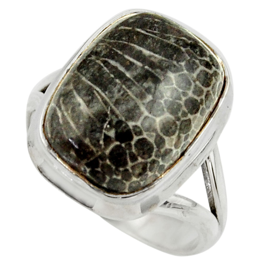 Natural black stingray coral from alaska 925 silver solitaire ring size 8 r28815