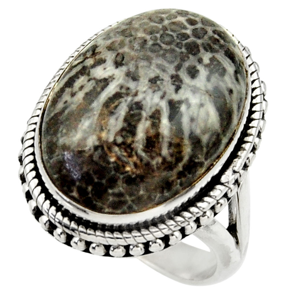 Natural black stingray coral from alaska silver solitaire ring size 8.5 r28817