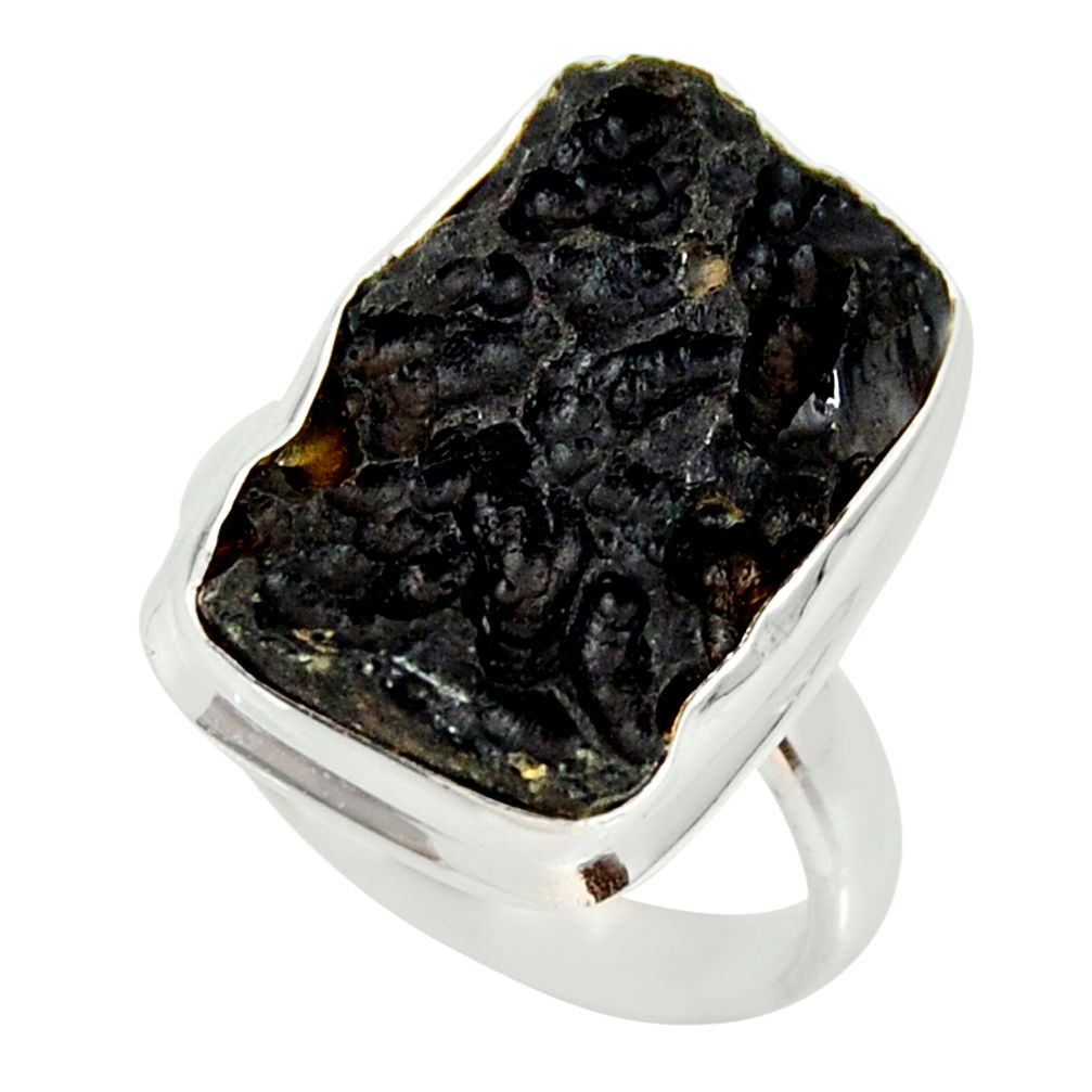 14.10cts natural black tektite 925 silver solitaire ring jewelry size 8.5 r34225