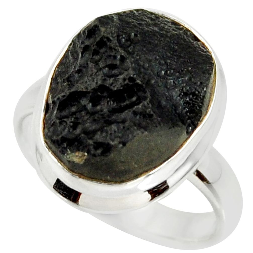 8.21cts natural black tektite 925 silver solitaire ring jewelry size 7.5 r34236