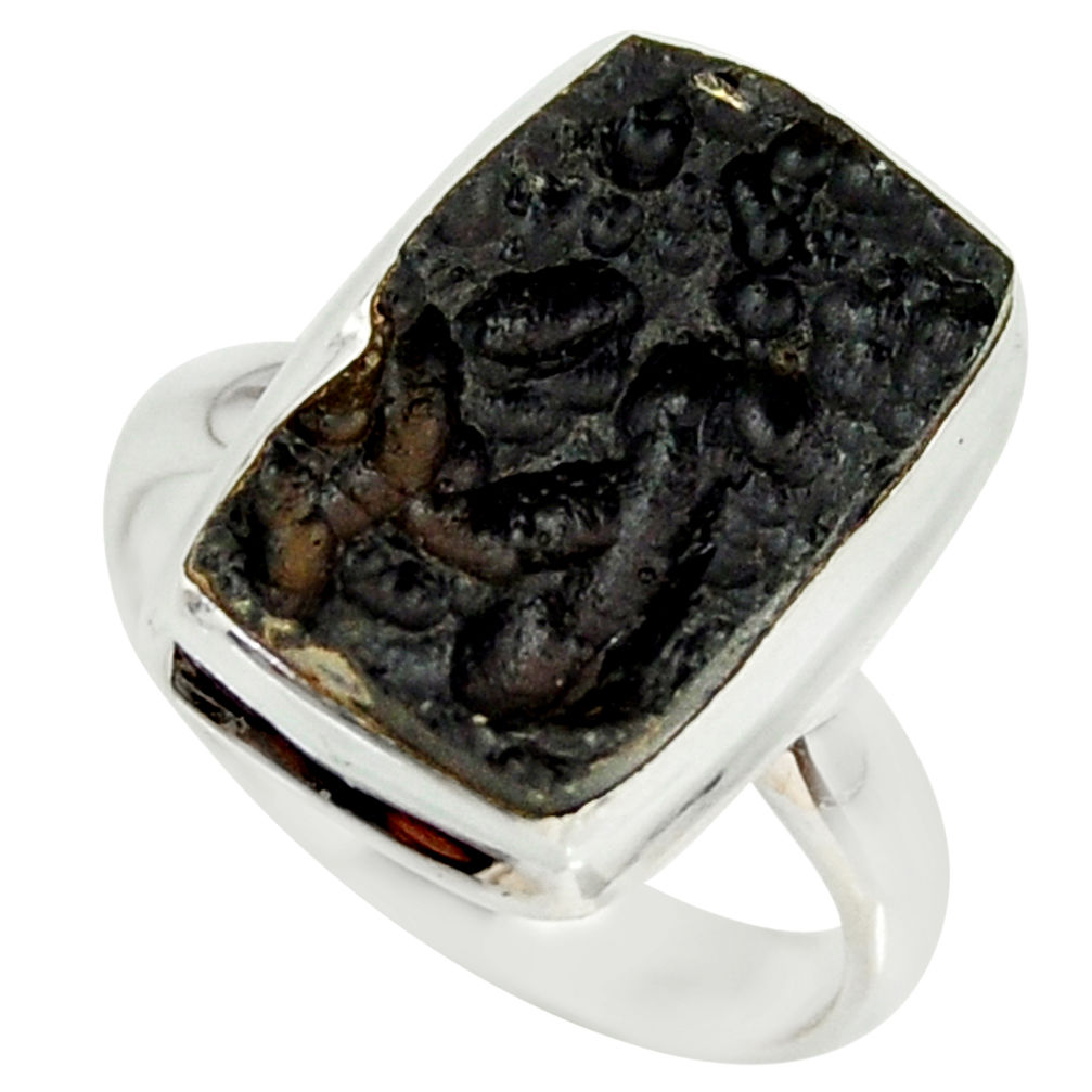 9.30cts natural black tektite 925 silver solitaire ring jewelry size 7.5 r34247