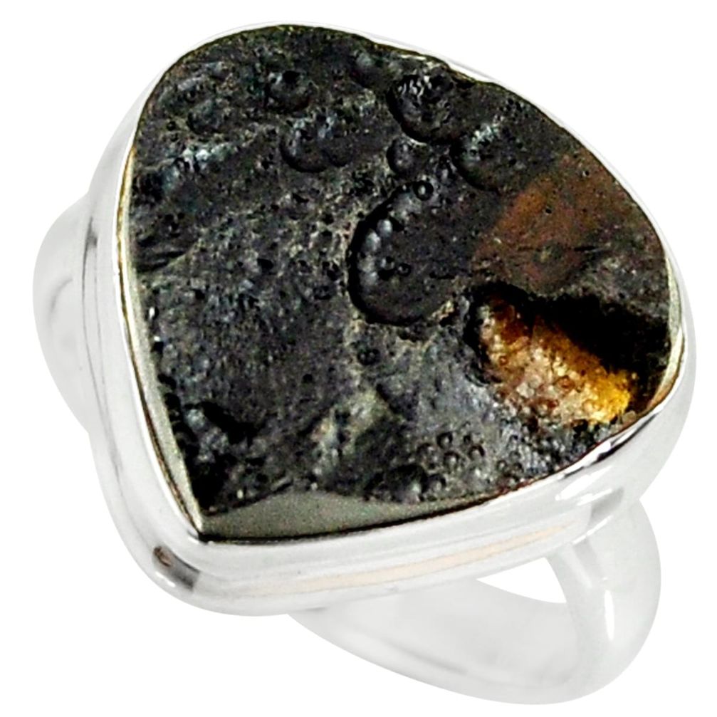 11.99cts natural black tektite 925 silver solitaire ring jewelry size 7.5 r34256