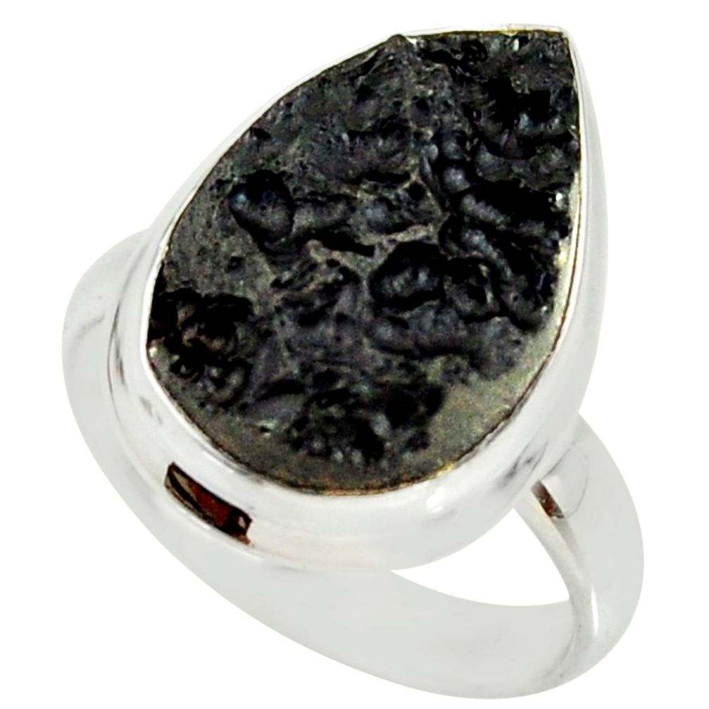 11.66cts natural black tektite 925 silver solitaire ring jewelry size 7 r34221