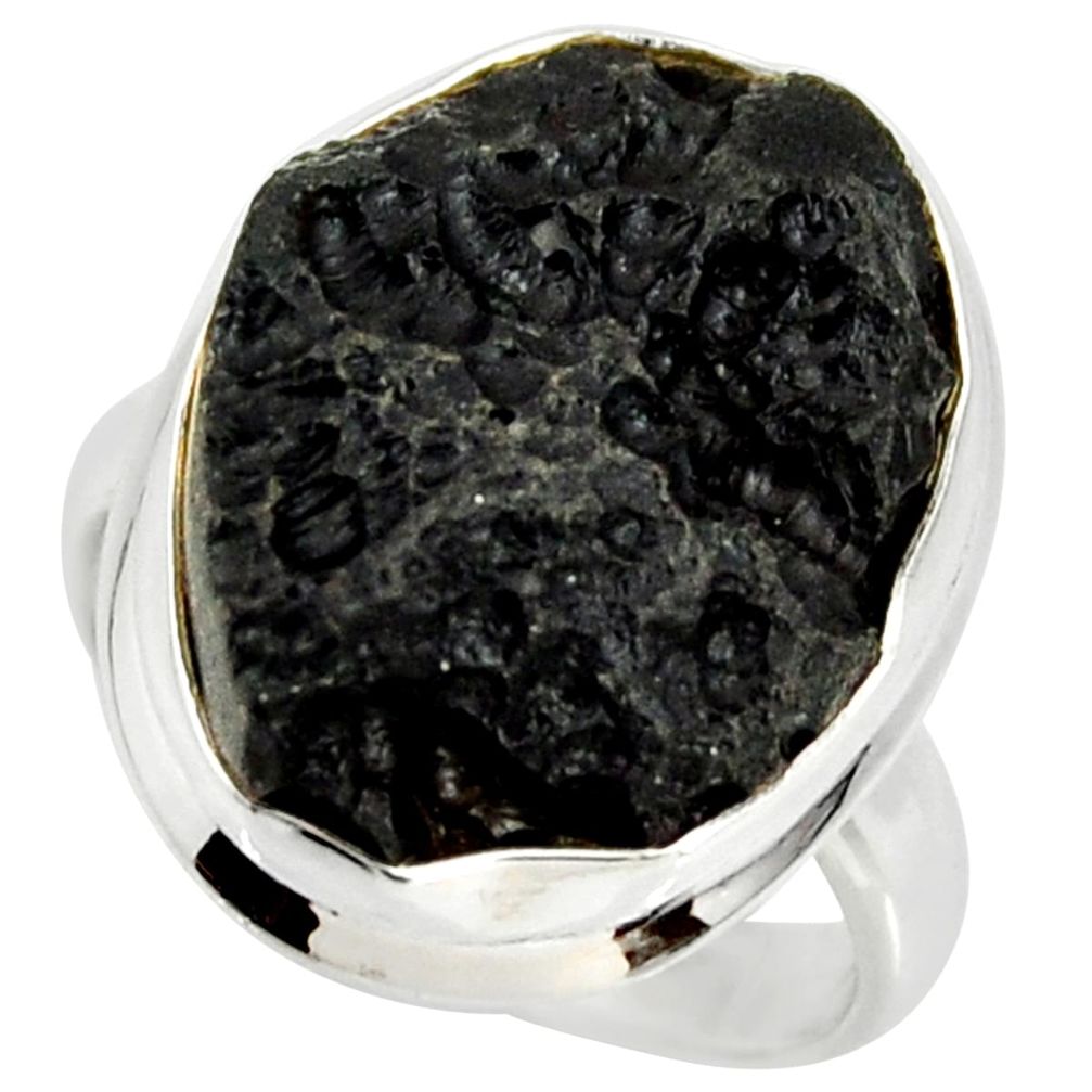 14.26cts natural black tektite 925 silver solitaire ring jewelry size 7 r34235
