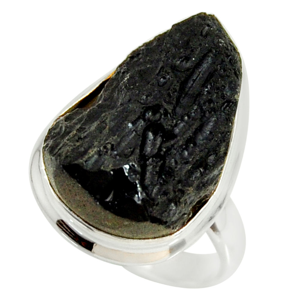13.28cts natural black tektite 925 silver solitaire ring jewelry size 7 r34252