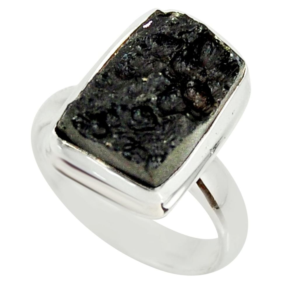 5.27cts natural black tektite 925 silver solitaire ring jewelry size 7 r34255