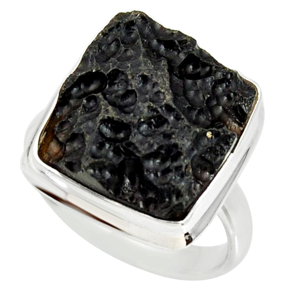 11.95cts natural black tektite 925 silver solitaire ring jewelry size 8 r34229