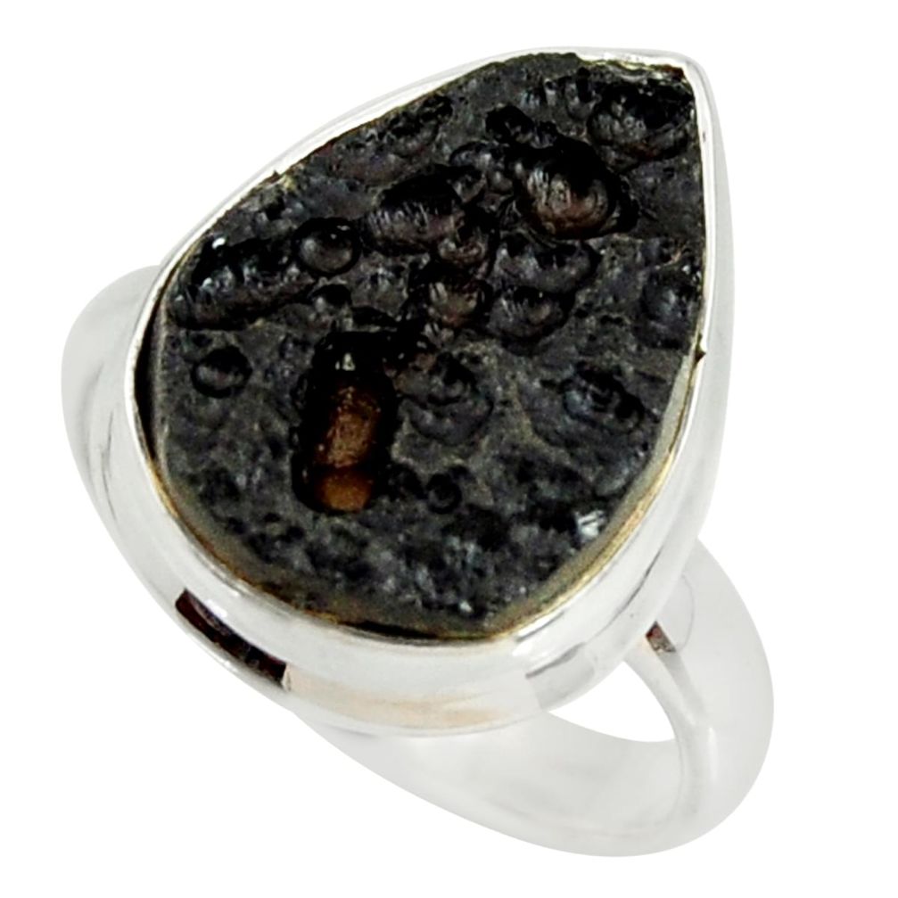 11.57cts natural black tektite 925 silver solitaire ring jewelry size 8 r34243