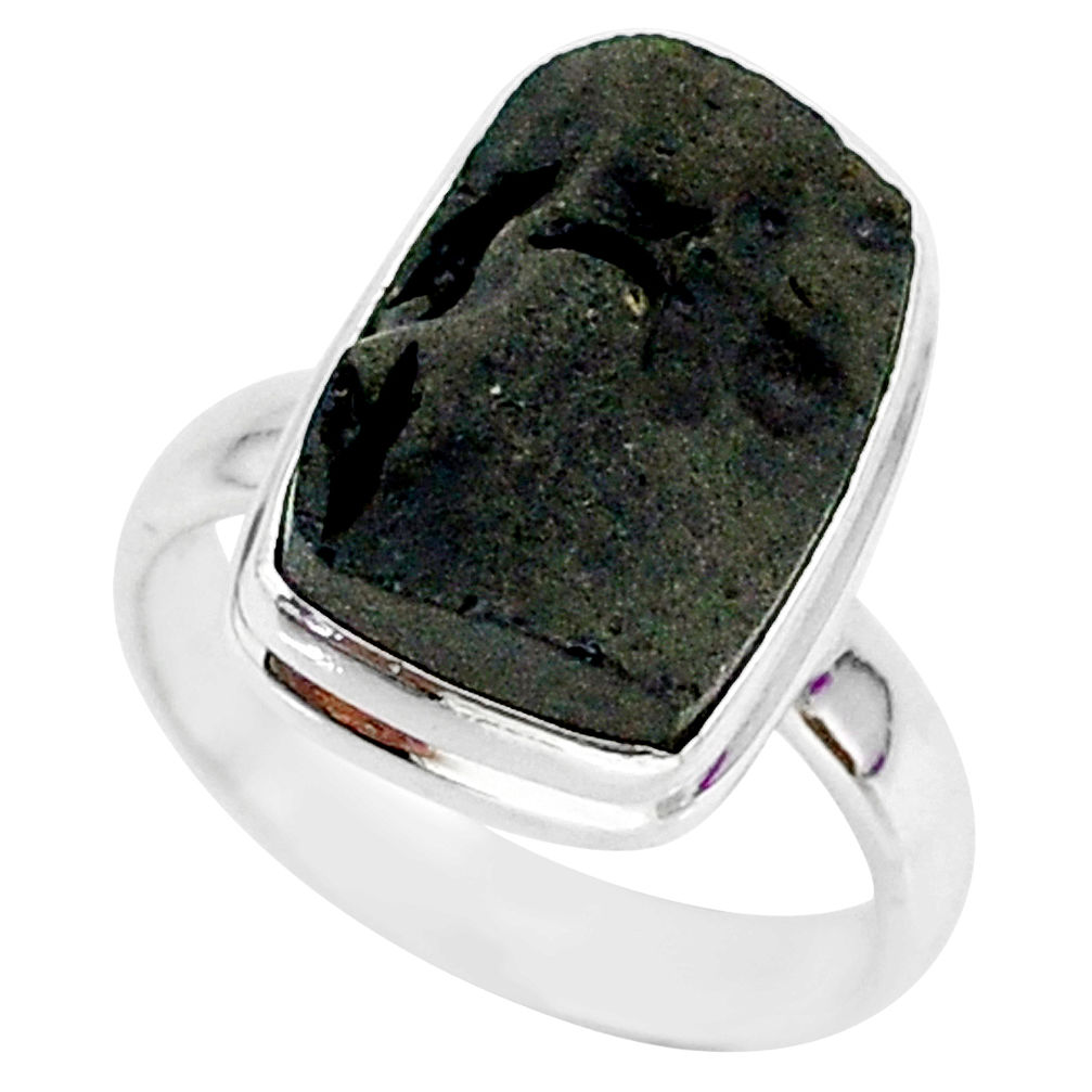 6.53cts natural black tektite 925 sterling silver ring jewelry size 7 r88747