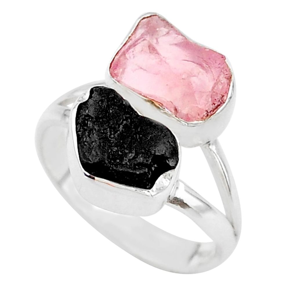 9.18cts natural black tourmaline rose quartz raw 925 silver ring size 7 t21028