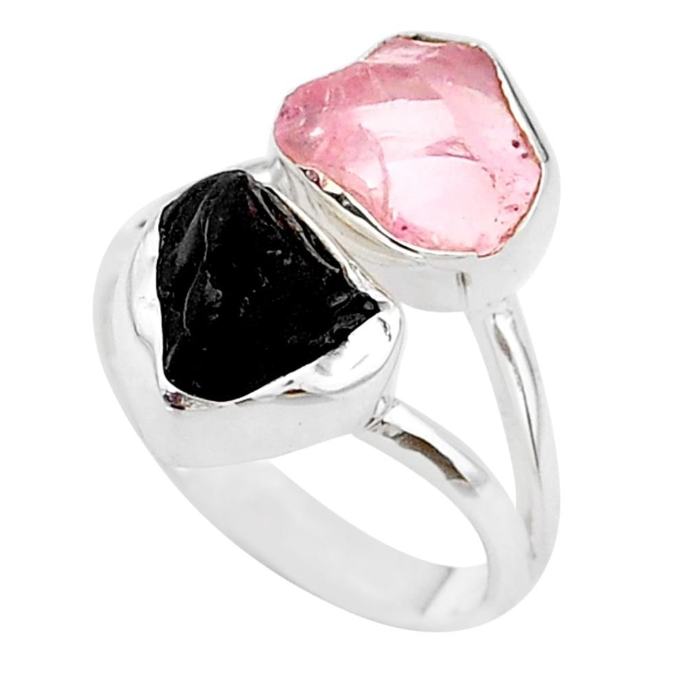 9.61cts natural black tourmaline rose quartz raw silver ring size 7 t21026