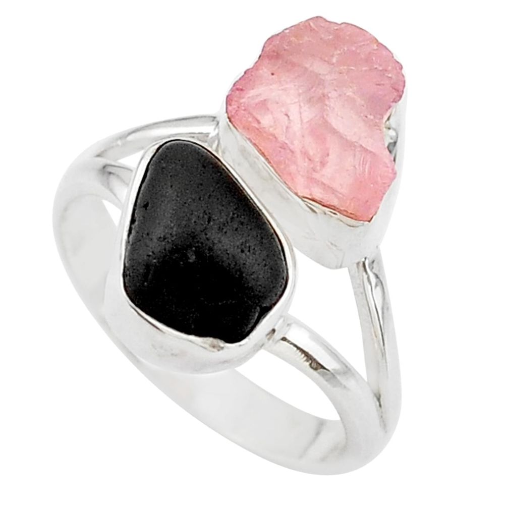 10.31cts natural black tourmaline rose quartz raw silver ring size 8 t21039