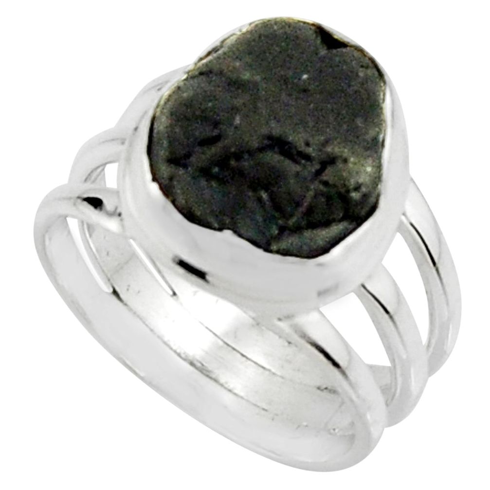 6.26cts natural black tourmaline rough 925 silver solitaire ring size 6.5 r22450