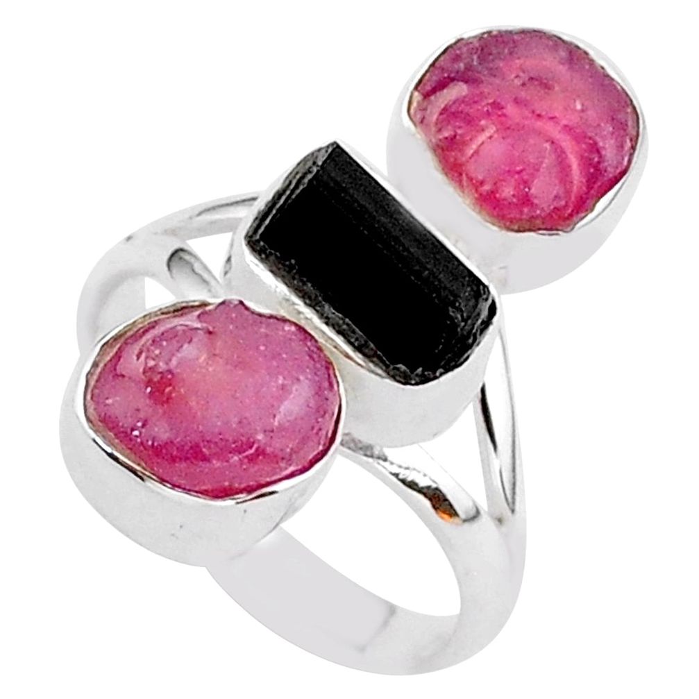 14.40cts natural black tourmaline raw ruby rough 925 silver ring size 7 t37691