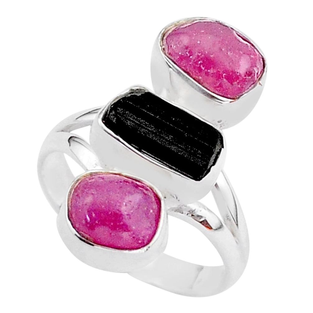 15.36cts natural black tourmaline raw ruby rough 925 silver ring size 8 t37739
