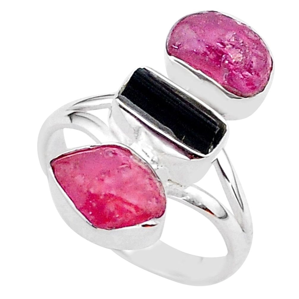 14.40cts natural black tourmaline raw ruby rough 925 silver ring size 9 t37697