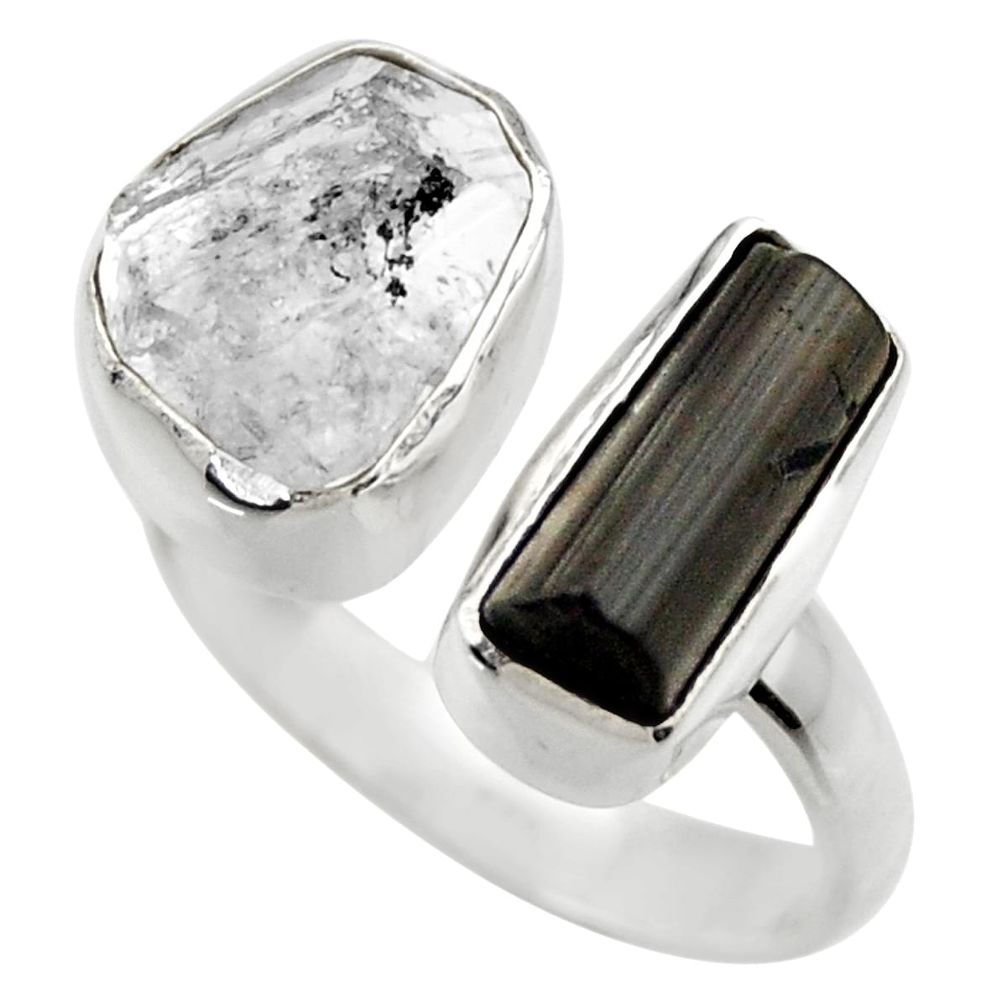 11.23cts natural black tourmaline rough silver adjustable ring size 7.5 r29592