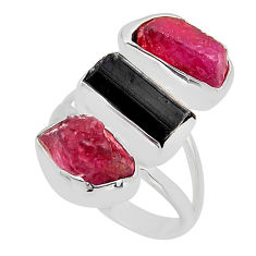 13.79cts natural black tourmaline ruby rough 925 silver ring size 7.5 y94729