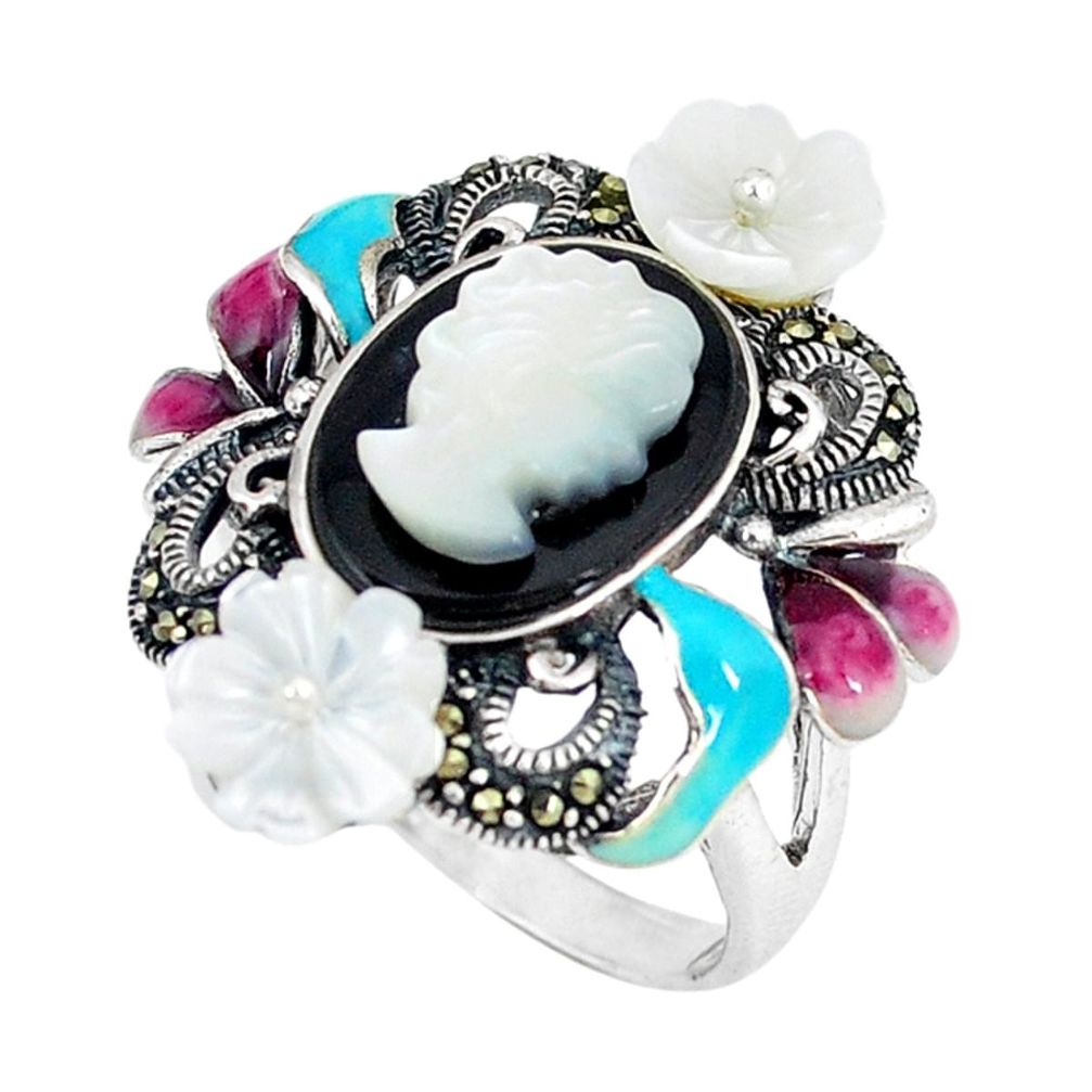 Natural blister pearl marcasite enamel 925 silver ring jewelry size 9 c21487