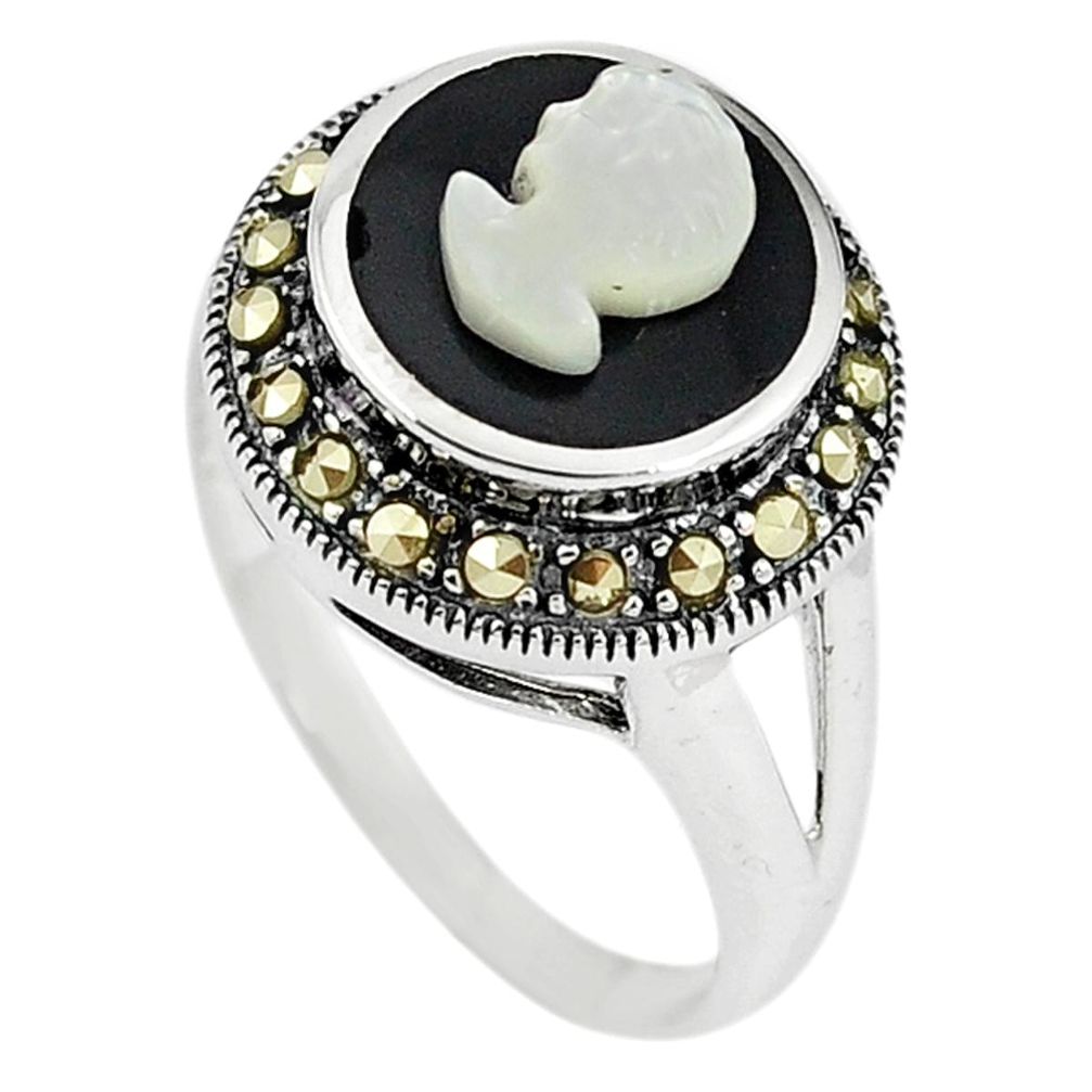 Natural blister pearl marcasite carved lady face 925 silver ring size 7 c16363