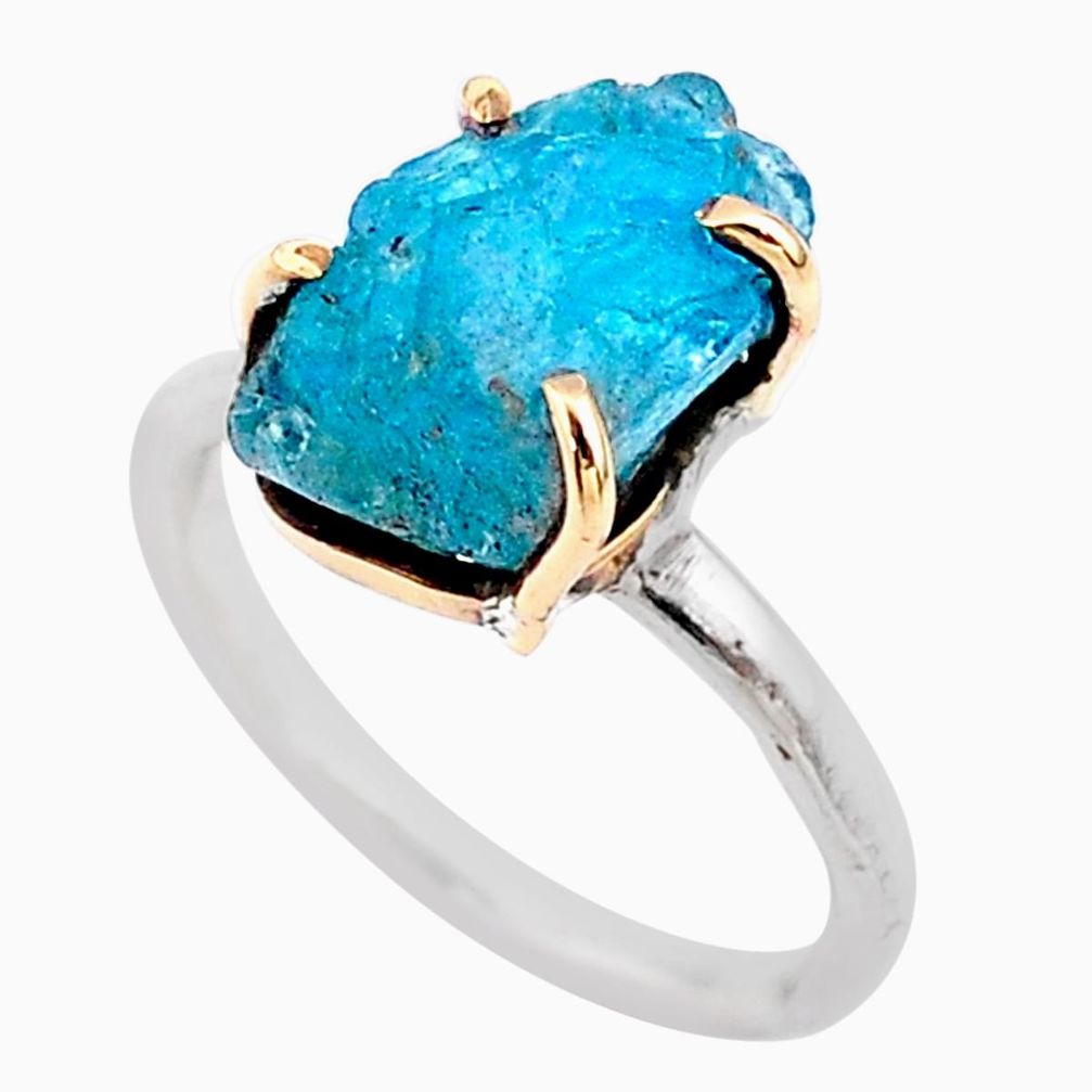 6.24cts natural blue apatite raw 925 silver 14k gold handmade ring size 6 t47120