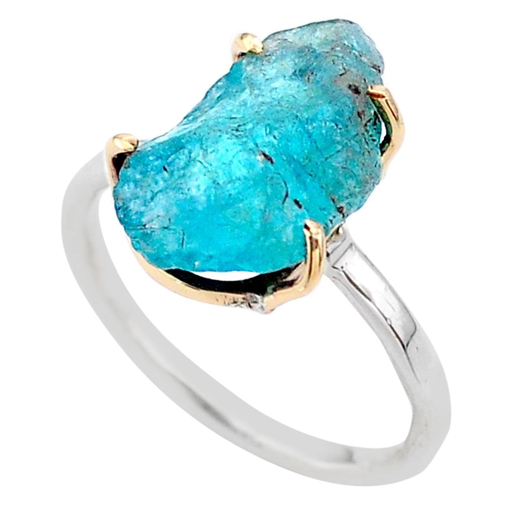 7.22cts natural blue apatite raw 925 silver 14k gold ring size 9 t47118