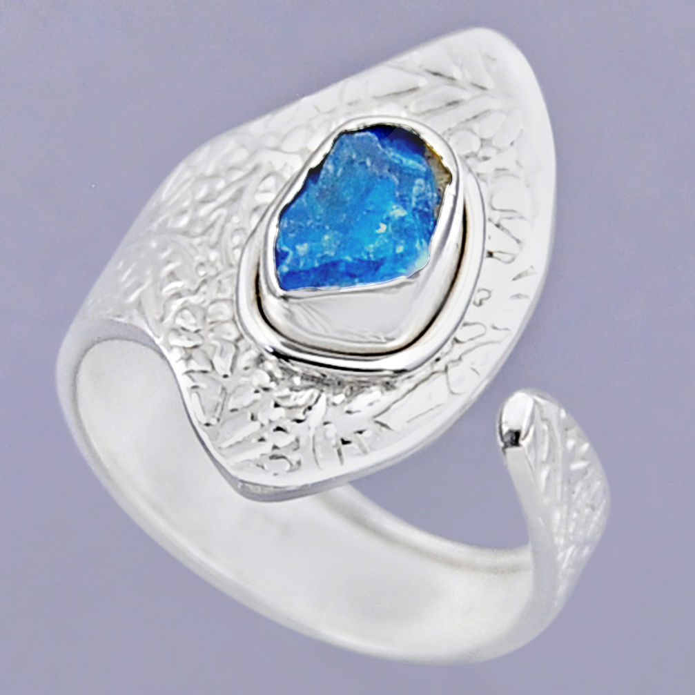 3.13cts natural blue apatite rough 925 silver adjustable ring size 8.5 r54913