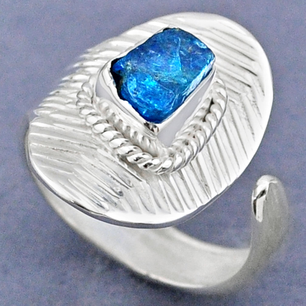 3.13cts natural blue apatite rough 925 silver adjustable ring size 7.5 r63336