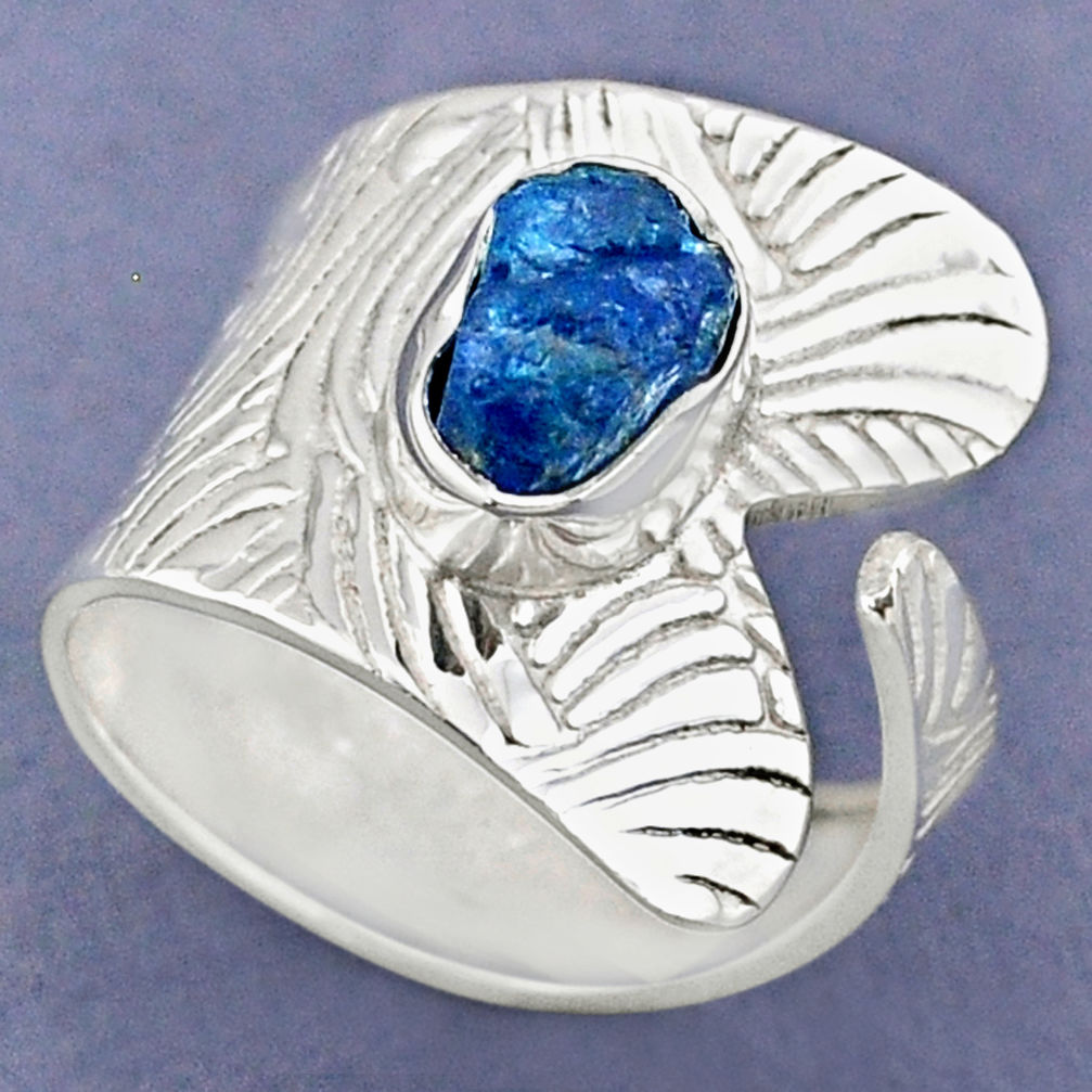 2.81cts natural blue apatite rough 925 silver adjustable ring size 8.5 r63349