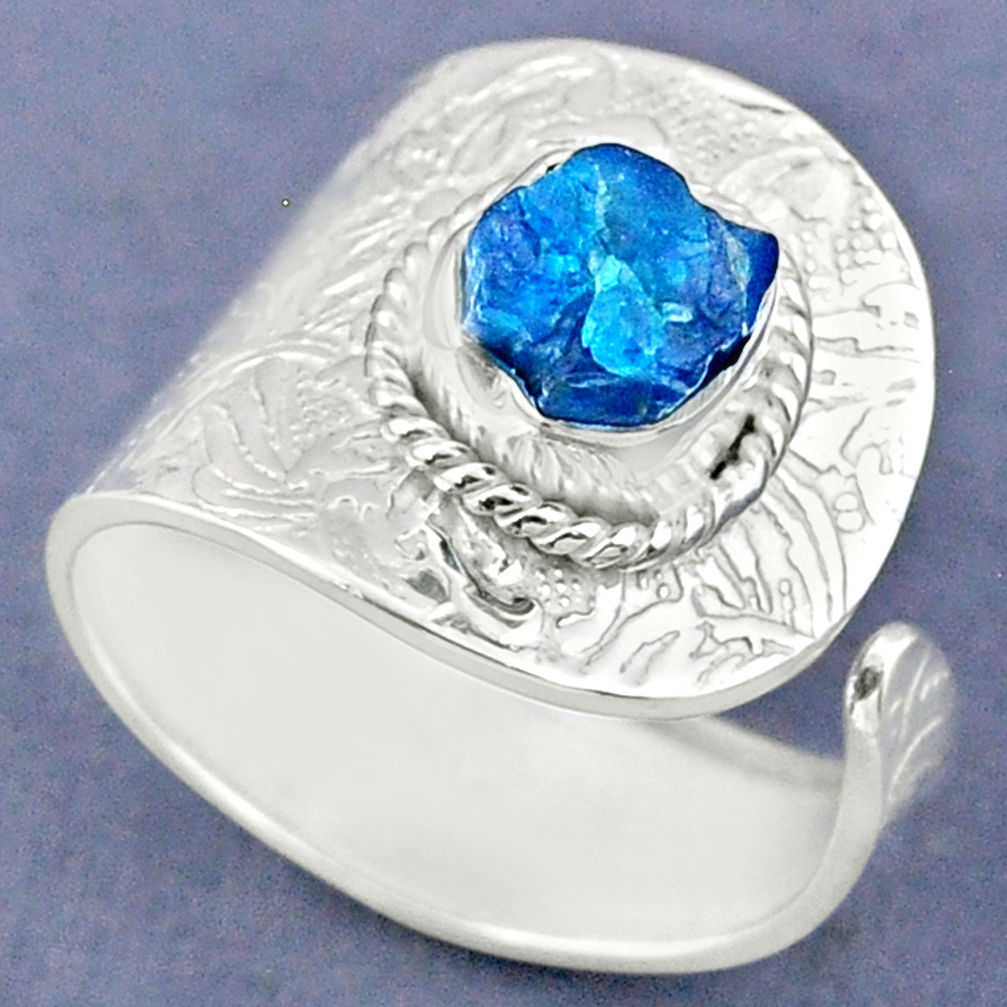 3.25cts natural blue apatite rough 925 silver adjustable ring size 8.5 r63373