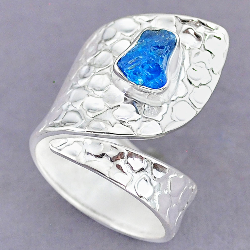 2.54cts natural blue apatite raw 925 silver adjustable ring size 8.5 r90576