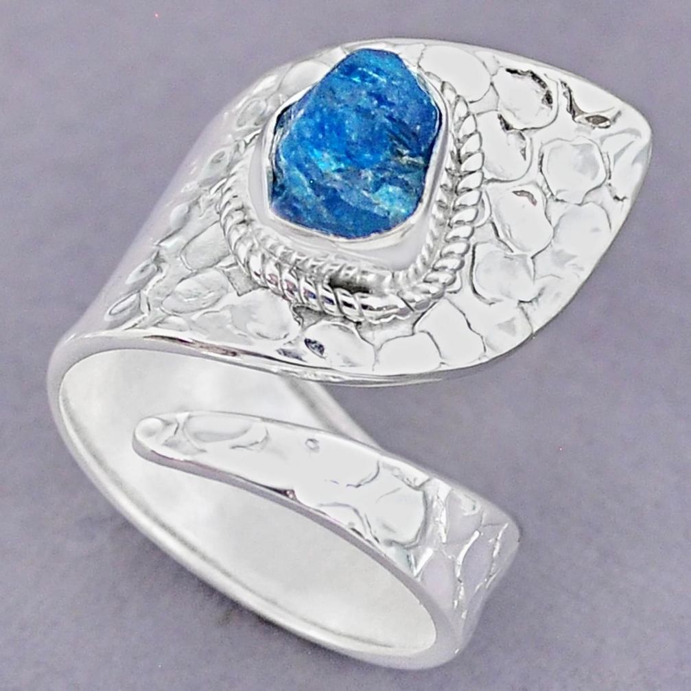3.40cts natural blue apatite rough 925 silver adjustable ring size 8 r90604