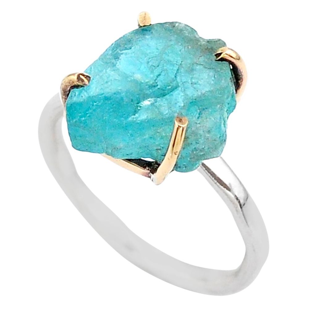 6.83cts natural blue apatite raw fancy 925 silver 14k gold ring size 8 t47117