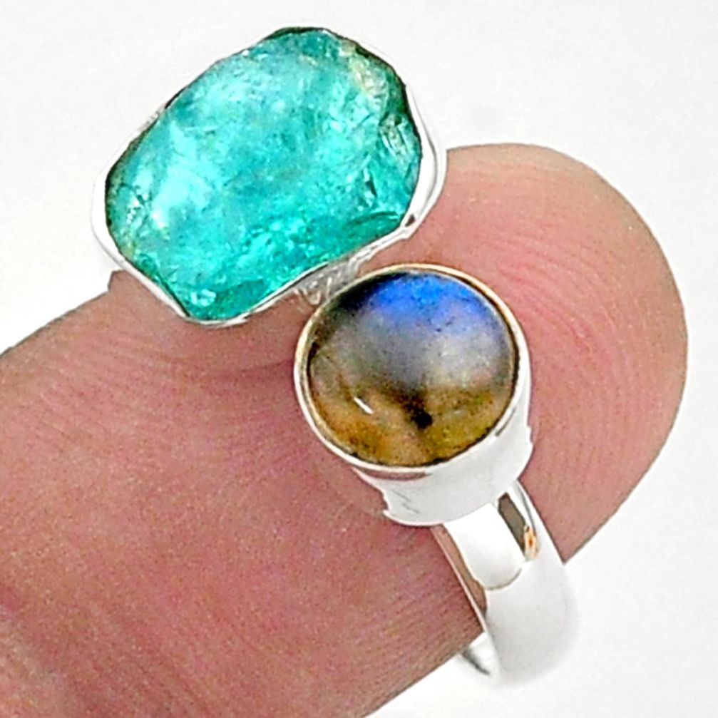 11.23cts natural blue apatite raw labradorite 925 silver ring size 8 t38129