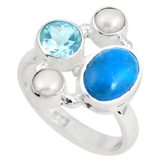 Clearance Sale- 6.58cts natural blue apatite white pearl topaz 925 silver ring size 6.5 p52723