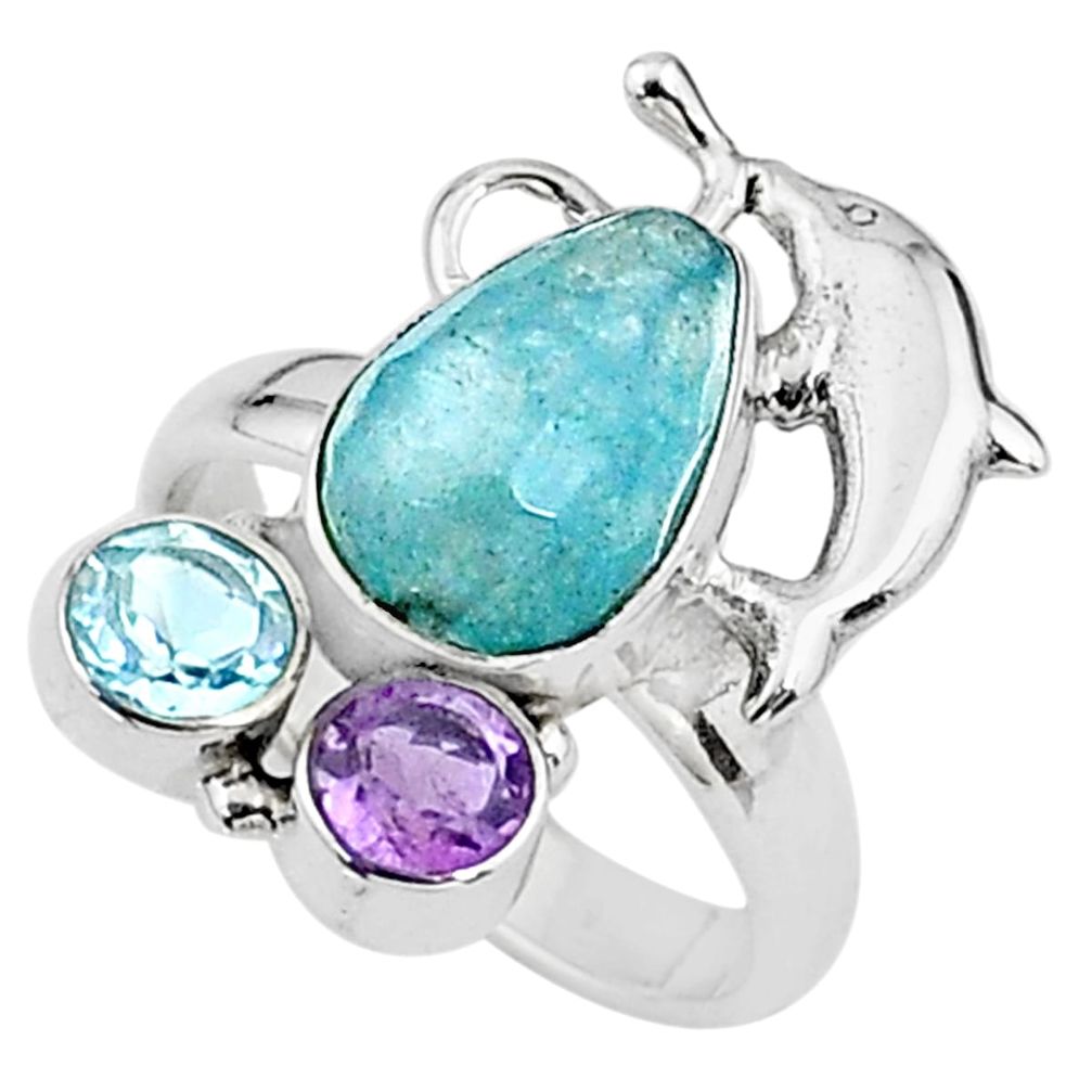 6.09cts natural blue aquamarine amethyst topaz 925 silver ring size 8 t16063