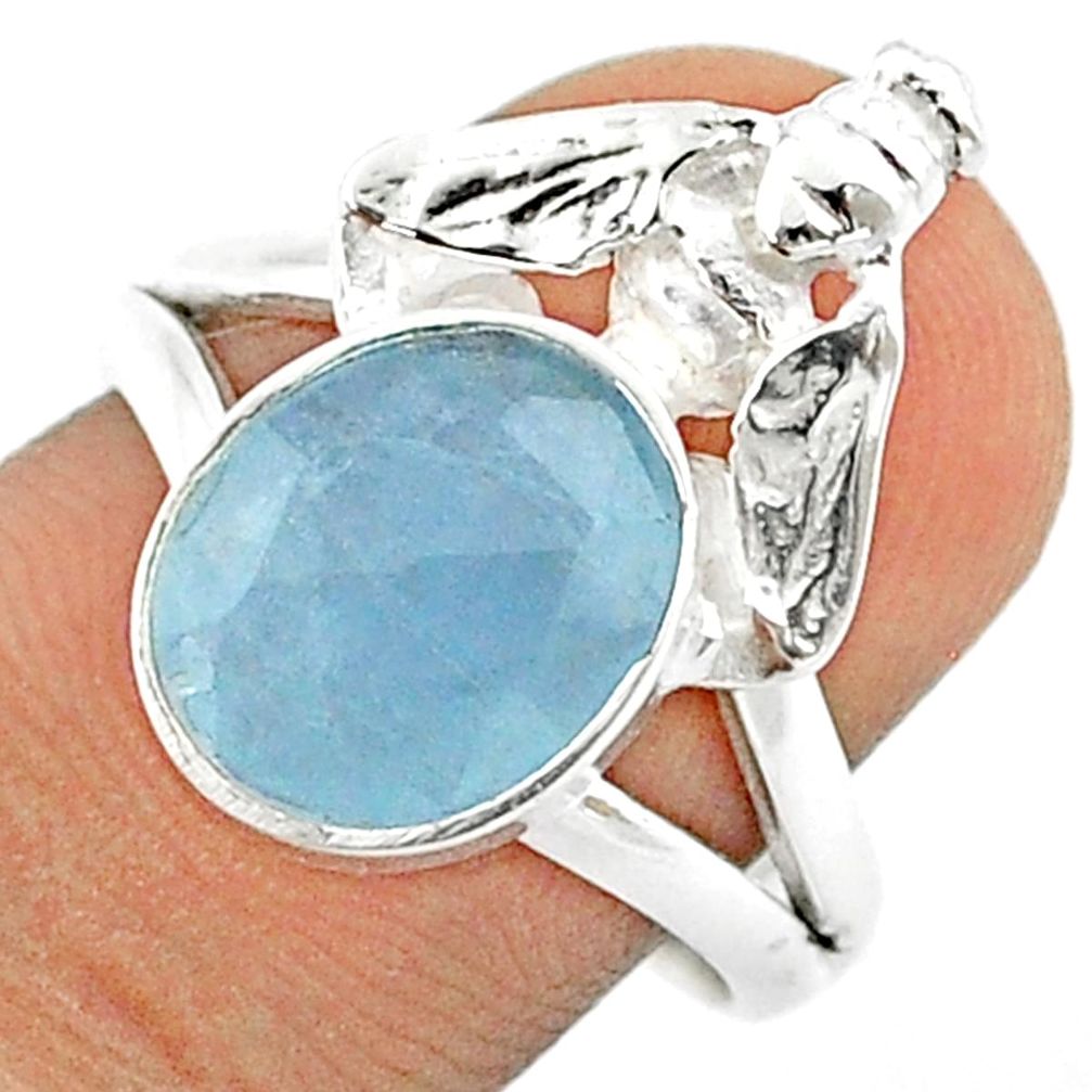 5.28cts natural blue aquamarine oval 925 silver honey bee ring size 8.5 u20822