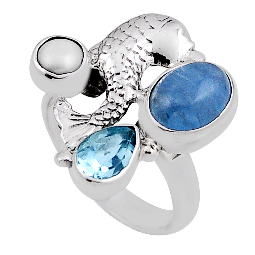 6.63cts natural blue aquamarine topaz pearl 925 silver fish ring size 6.5 n25873