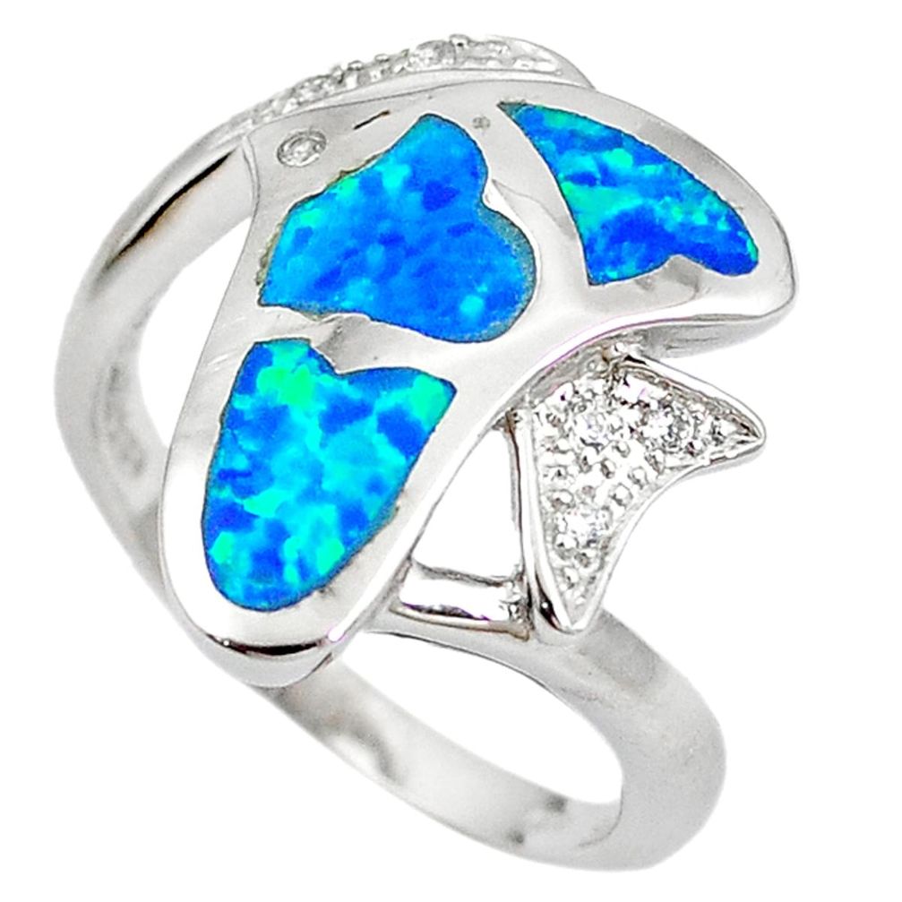 Natural blue australian opal (lab) 925 silver fish ring size 8 a61432 c15133