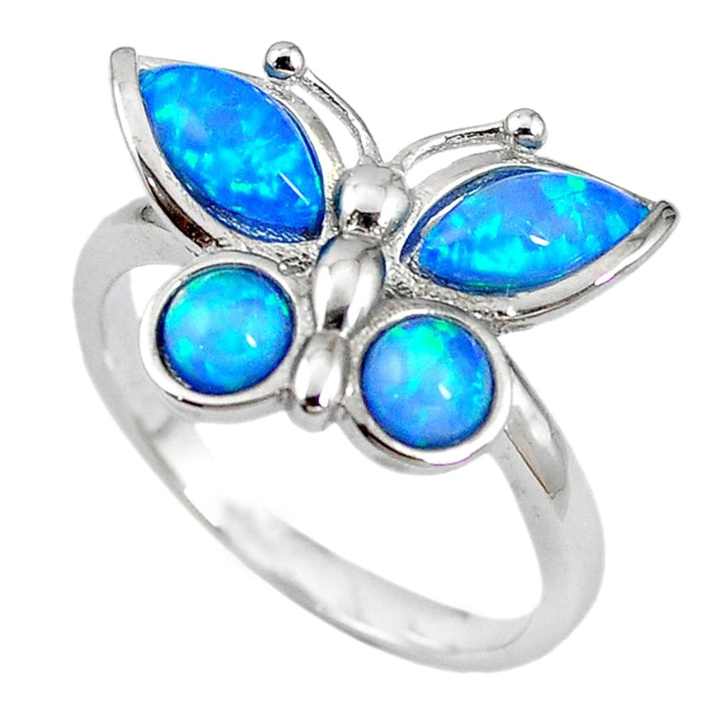 Natural blue australian opal (lab) silver butterfly ring size 9 a61465 c14972