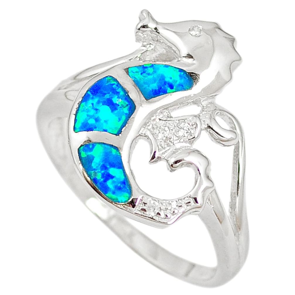 Natural blue australian opal (lab) 925 silver seahorse ring size 9.5 c15786