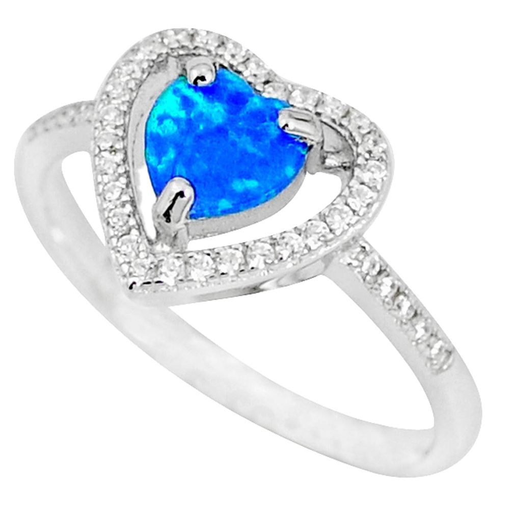 Natural blue australian opal (lab) white topaz 925 silver ring size 8 c15837
