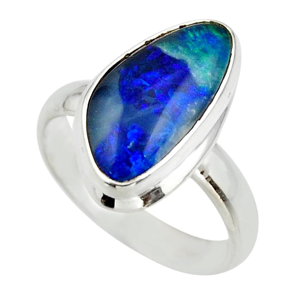 5.90cts natural blue australian opal triplet 925 silver ring size 8 r44913