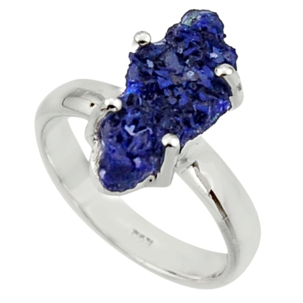 5.63cts natural blue azurite druzy 925 silver solitaire ring size 7 r30010