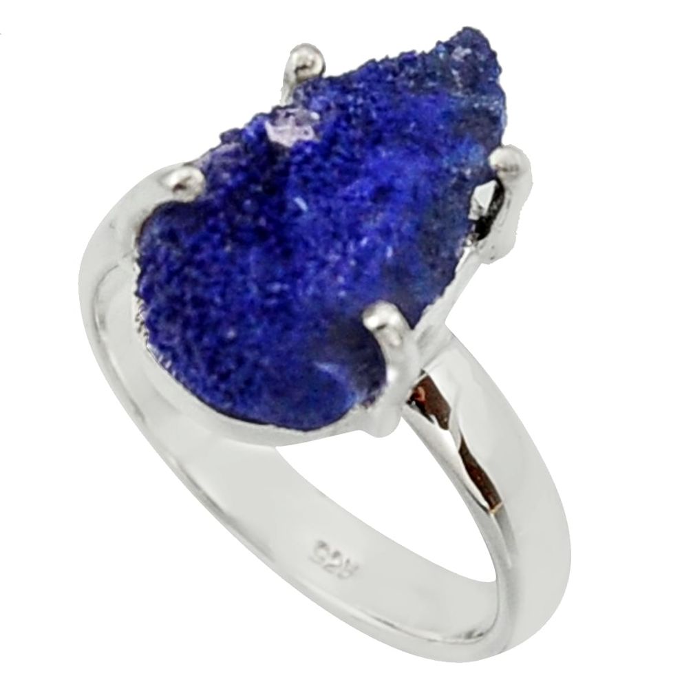 7.38cts natural blue azurite druzy 925 silver solitaire ring size 8 r30007