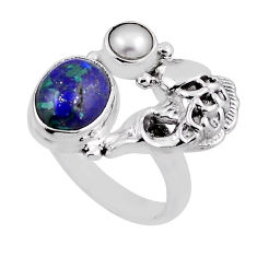 4.82cts natural blue azurite malachite pearl silver fish ring size 7.5 n25869