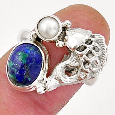 4.69cts natural blue azurite malachite pearl silver fish ring size 7.5 y20811